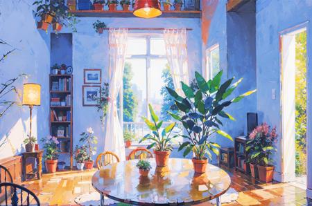02717-3355403150-window, no humans, chair, table, indoors, plant, scenery, flower, vase, traditional media, painting (medium), bed, lamp, potted.png
